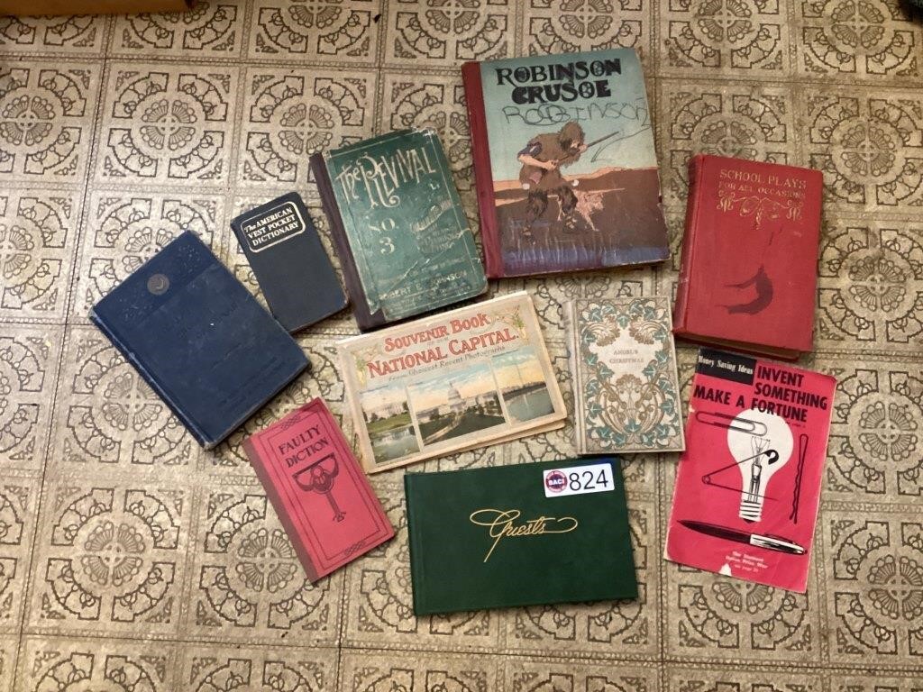 Vintage and antique books- play books, hymnal,