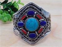 RED CORAL, LAPIS AND TURQUOISE METAL CUFF BRACELET