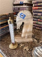 BRASS DESK THERMOMETER & MARBLE HORSE BOOKEND