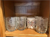 3 CLEAR MUGS & 4 WHITE MUGS WITH GRAPHICS