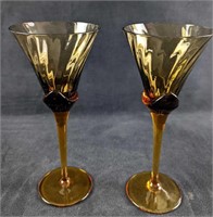 JB 2 Mikasa Amber Crystal Blossom Wine Glasses