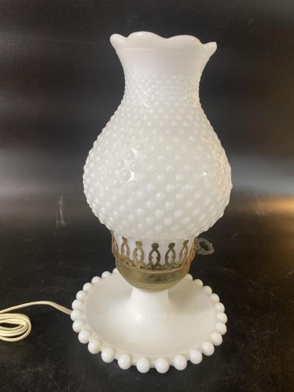 White Hobnail Milk Glass  Lamp 11” Tall