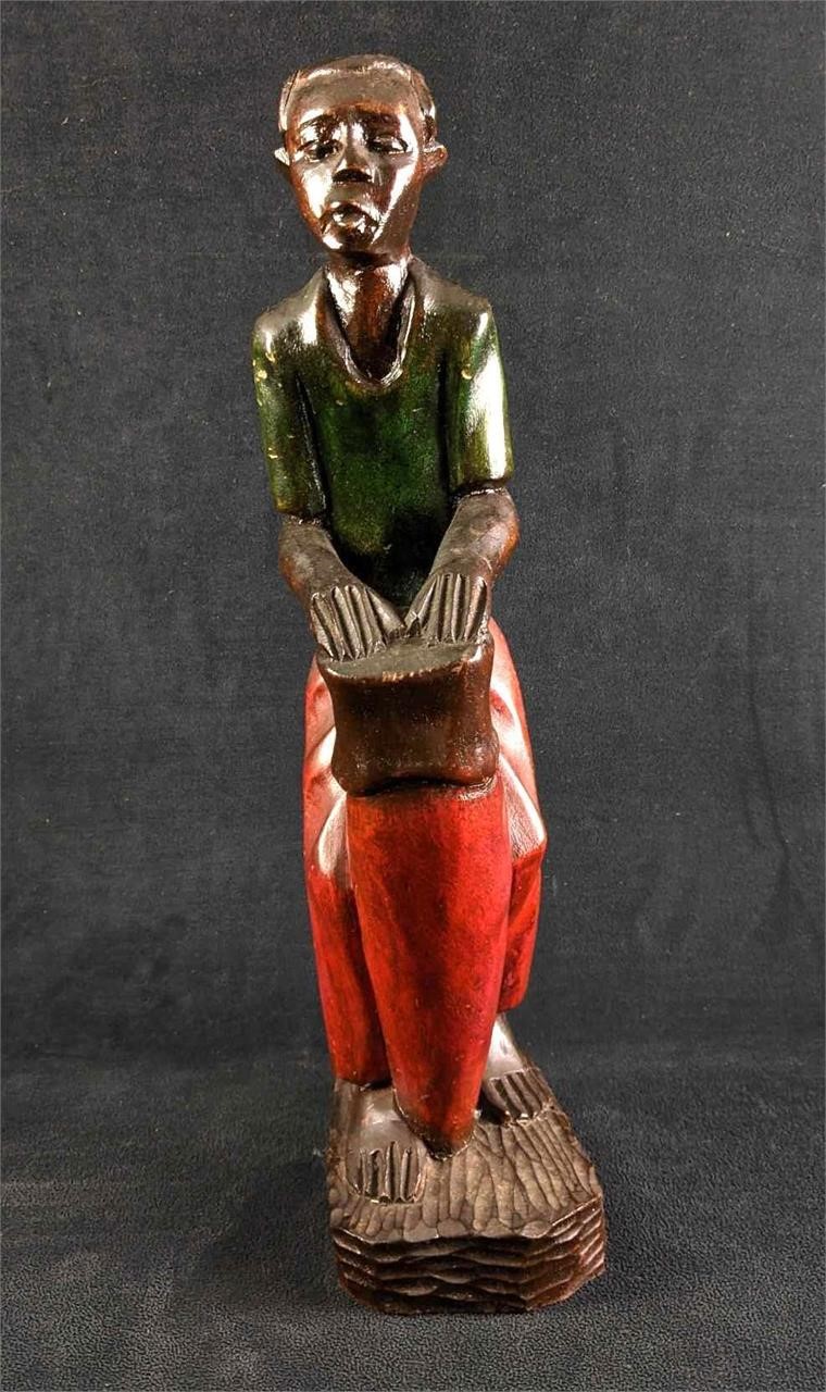 Wood Carved African Man Sculpture with Drum