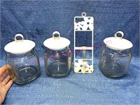 Wall metal test tube vase & (3) jars w/ metal lids
