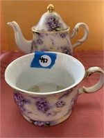 PURPLE & WHITE FLORAL TEAPOT & CUP NEEDS CLEANED