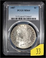 1887 Morgan dollar, PCGS slab certified MS-64