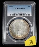 1887 Morgan dollar, PCGS slab certified MS-63