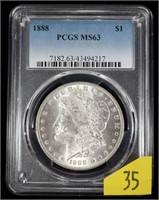 1888 Morgan dollar, PCGS slab certified MS-63