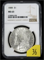 1888 Morgan dollar, NGC slab certified MS-63