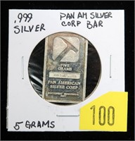 .999 Silver Pan Am -5 gram bar