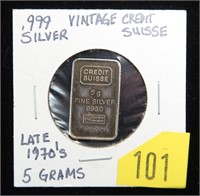 .999 Silver vintage Credit Suisse -5 gram bar, Ca.