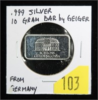 .999 Silver -10 gram bar by Geiger, Germany