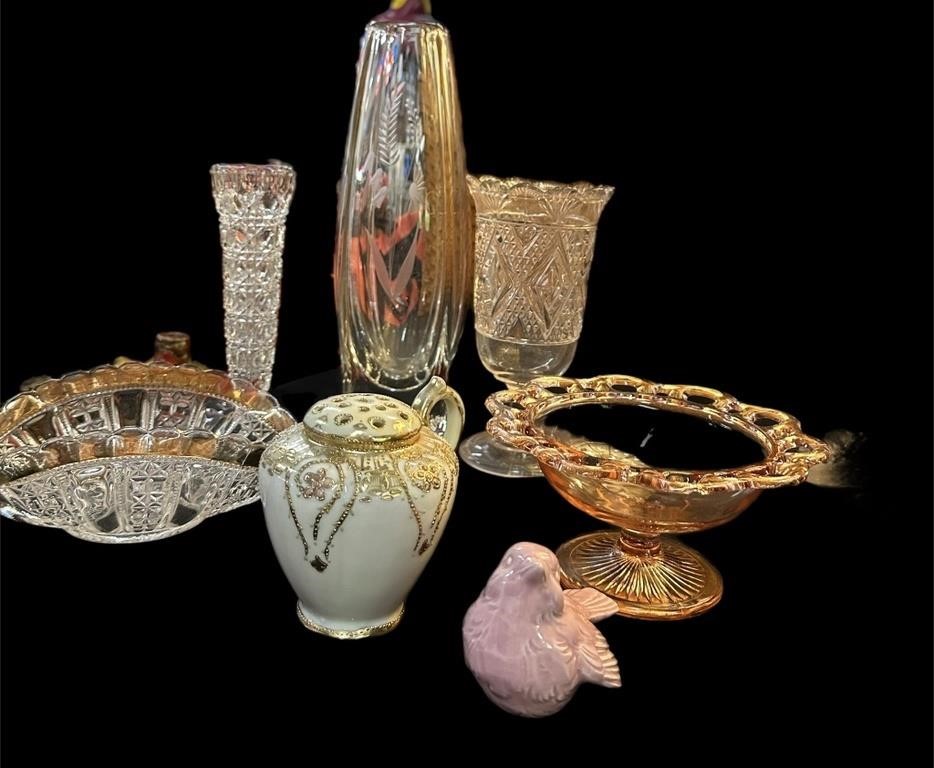 (3) Crystal Vases, Gold Trim Flip, Pink