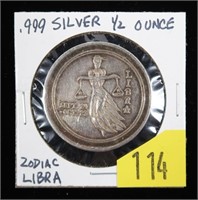 .999 Silver 1/2 oz. round, Zodiac Libra