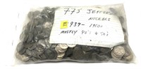 Lot, Jefferson nickels, 1940's-50's, 775 pcs.