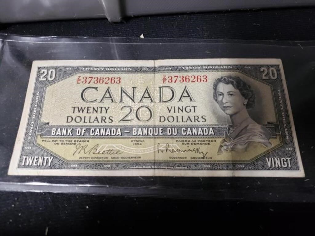 1954 $20 BANK NOTE CANADA BILL TWENTY DOLLARS