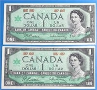 2 1967 Centennial 1 Dollar Notes