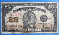 1923 25 Cent Dominion of Canada Banknote