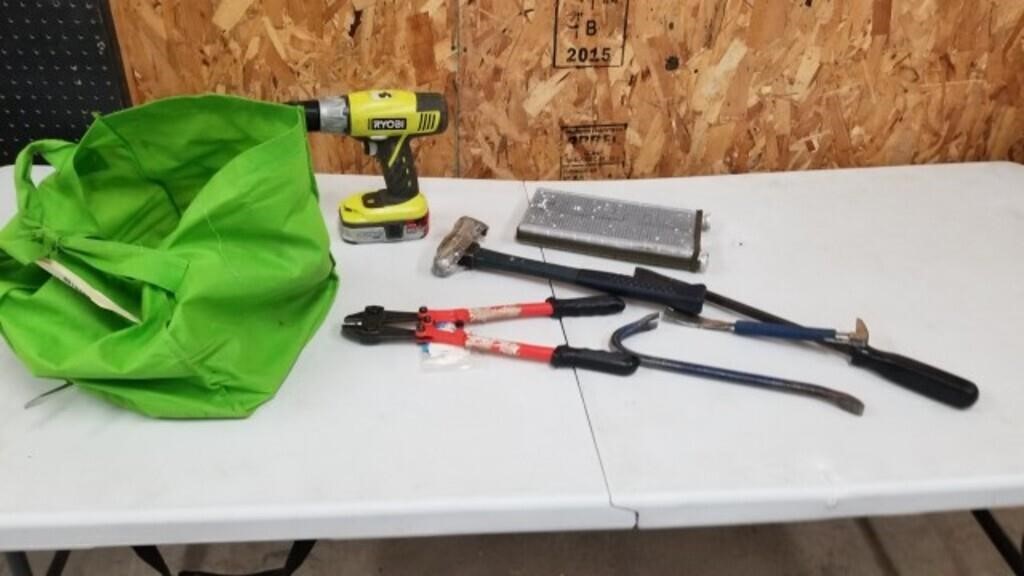 Ryobi Drill, Bolt Cutters, Pry Bar, Other Tools
