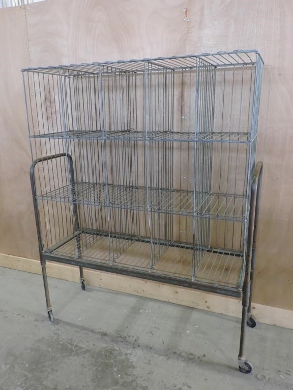 VINTAGE METAL CART W/ 15 COMPARTMENT WIRE CAGE