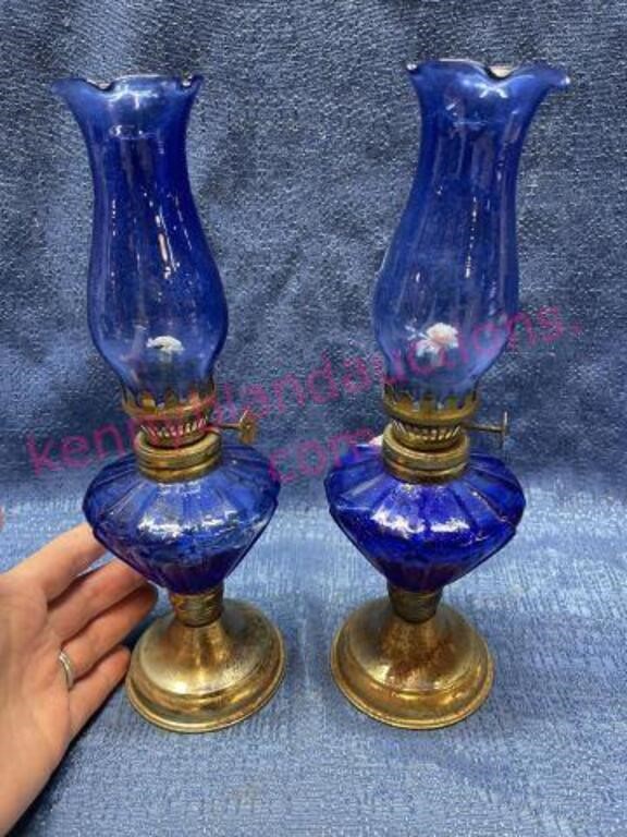 (2) Vtg cobalt blue oil lamp - 10in tall