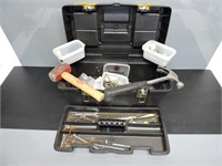 PLASTIC TOOLBOX WITH MISC TOOLS & NAILS