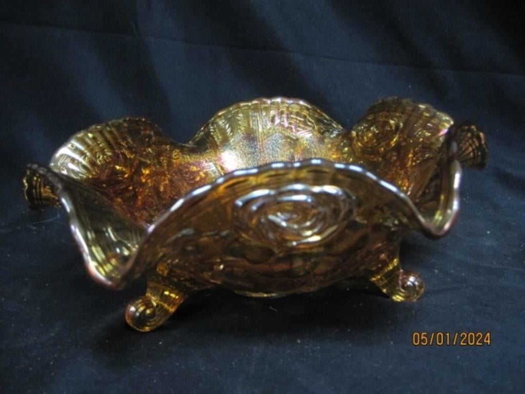 Vintage Marigold Carnival Glass Ruffled Edge Bowl