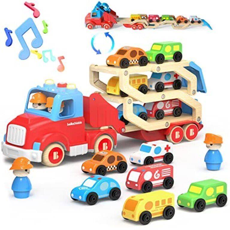 BELLOCHIDDO Toy Trucks - Wooden Car Carrier Toy