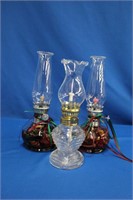 Three oil lamps, 8.25 & 7.5"H