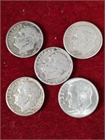 5 Silver Roosevelt Dimes - 1953-64