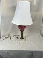 Cranberry Etched Brass and Marble Lamp