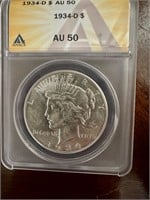 1934 D Peace Silver Dollar AU50