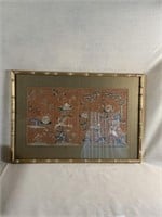 Oriental Framed and Matted Silk Stitched Panel