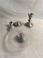 2 Sterling Weighted Candlesticks, Candlewick Dish