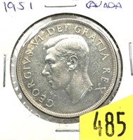 1951 Canadian silver dollar, AU/Unc.