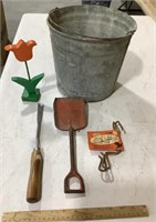 Galvanized bucket w/gardening tools
