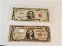 1963 $5 red seal note + WW11 era $1 Hawaii note