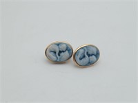 14K Gold Azure Agate Mother Child Cameo Earrings
