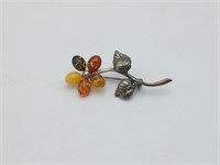 Sterling Flower Amber Brooch Pin