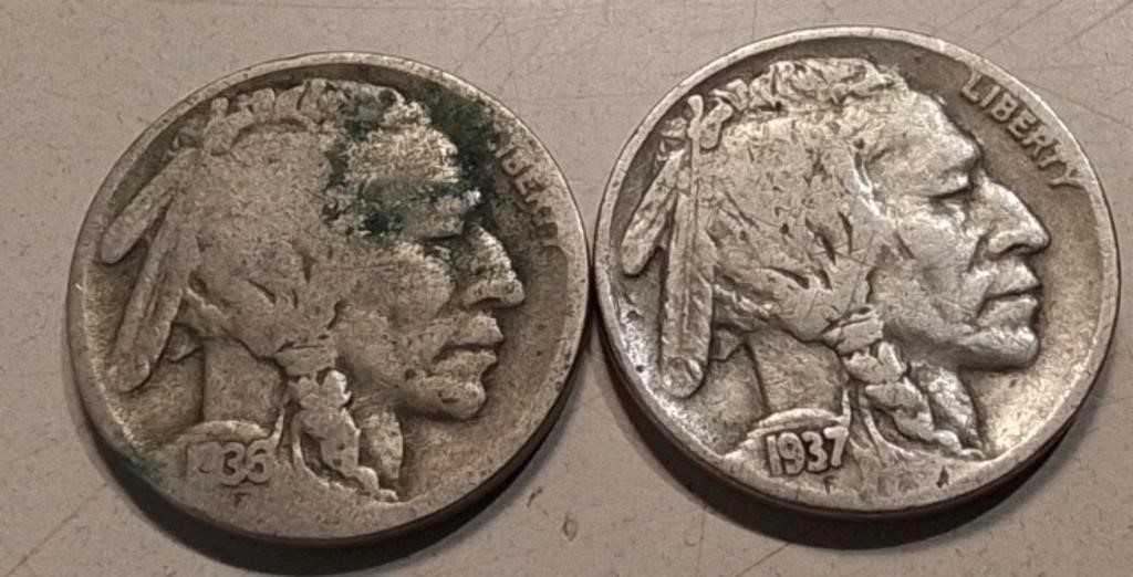 1936 & 37 US Indian Head Buffalo Nickels