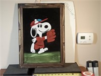 vtg Snoopy on black velvet painting playing