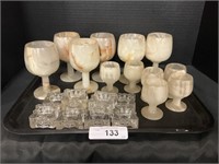 White Onyx Stone Goblets, Glass Salt Cellars.