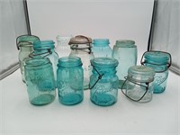 LOT Blue Glass Top Mason Atlas Canning jars