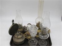 TRAY LOT OIL LAMPS 6 PC. TALLEST 15H