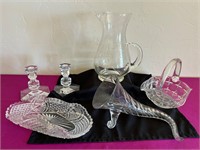 Glass Basket, Candlesticks, Relish Tray ++