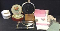 VINTAGE ITEMS, TIN OF BUTTONS, CLOCK,TABLE LINENS