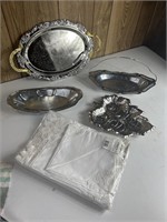 Silver plates serving dishes & 4 placemats,napkins