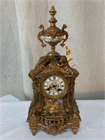 Brass & Painted Porcelain Mantle Clock