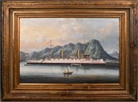 Oil Painting Ships & Mountains Framed Early 20thC