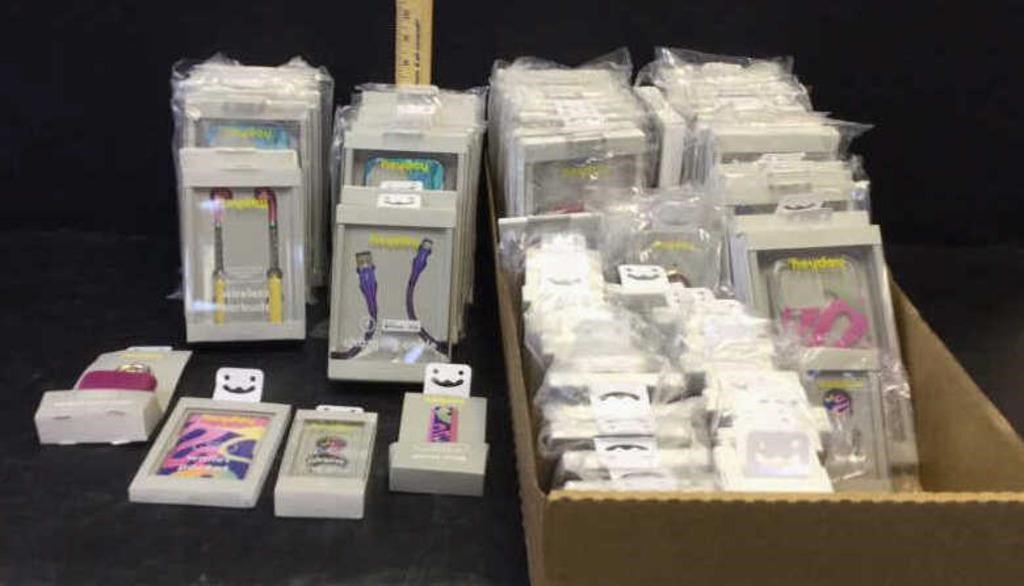 BOX OF PHONE ACCESSORIES, CORDS, WALLETS, RINGS,